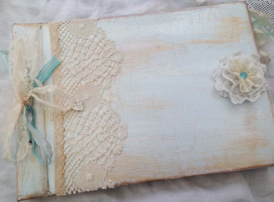 Boys Christening Guestbook Photo Album - Blue And Ivory Vintage Shabby Chic Style