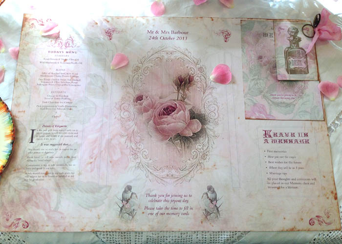 Wedding Place Table Mat - In Pink Rose Shabby Chic Theme